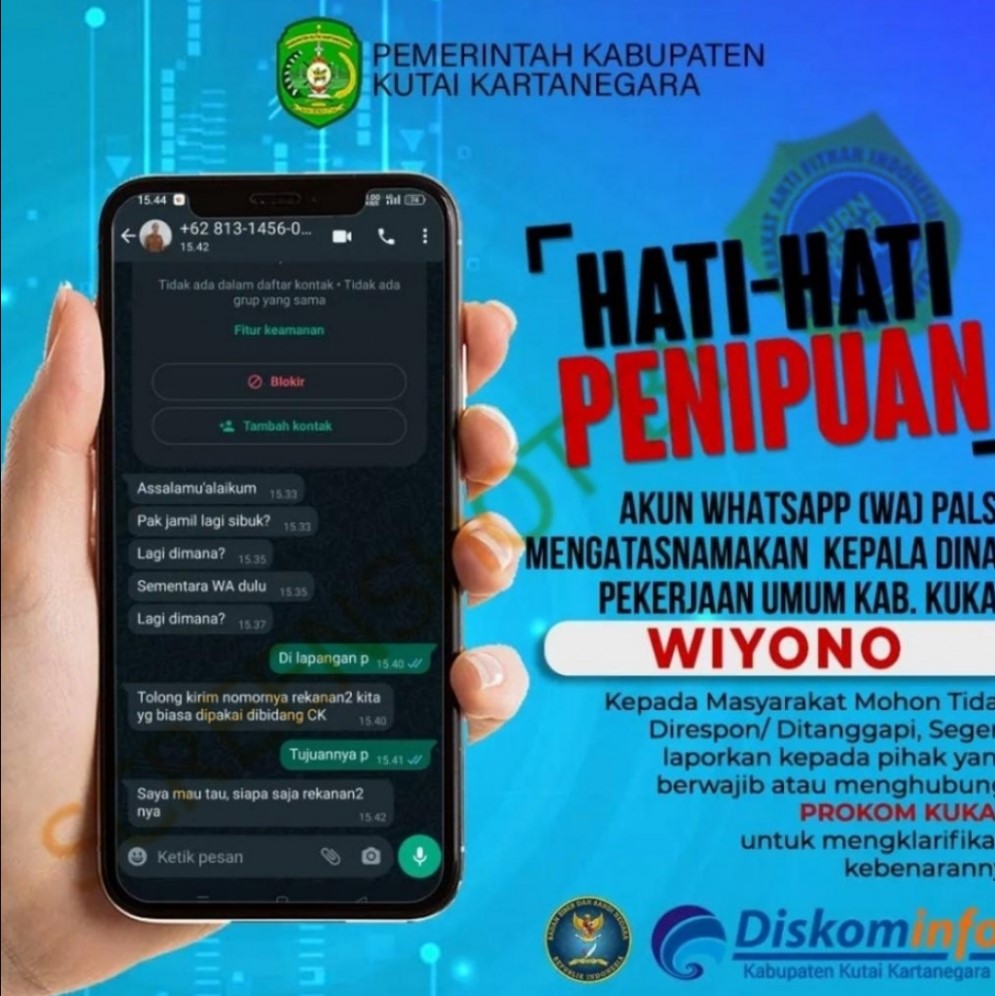 Dinas PU bersama Diskominfo dan Prokom Kukar mengimbau masyarakat waspada terhadap akun Whatsapp palsu.