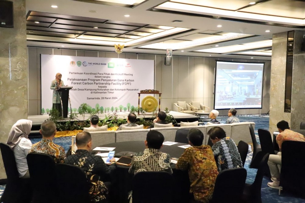 Sekretaris Daerah Provinsi Kalimantan Timur, Sri Wahyuni, saat memberi sambutan pada Meeting penyerahan dana karbon dari Forest Carbon Partnership Facility. (Ist)